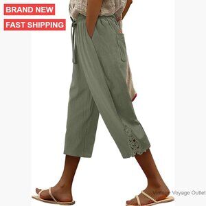 Women's Cotton Linen Capri Pants Drawstring Elastic Waist Wide Leg Casual